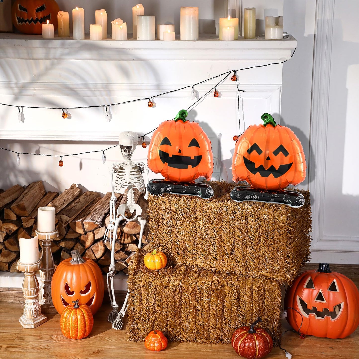 Eanjia Halloween Pumpkin Balloon Set of 4 – Giant Standing Jack-O’-Lantern Mylar Foil Balloons (3.3ft to 1.6ft) for Indoor Party Decorations, Summerween Decor, Trick or Treat Props