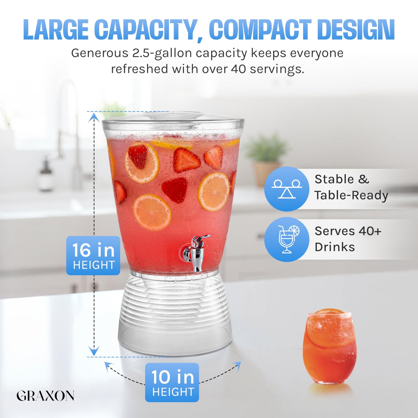 Drink Dispenser for Parties (2.5 Gallon) Large Plastic Water Dispenser for Counter Tops, No Mess, Easy to Assemble & Wash, Up to 40 Drinks, For Drinks, Juice, Punch & Water (1 Pack)