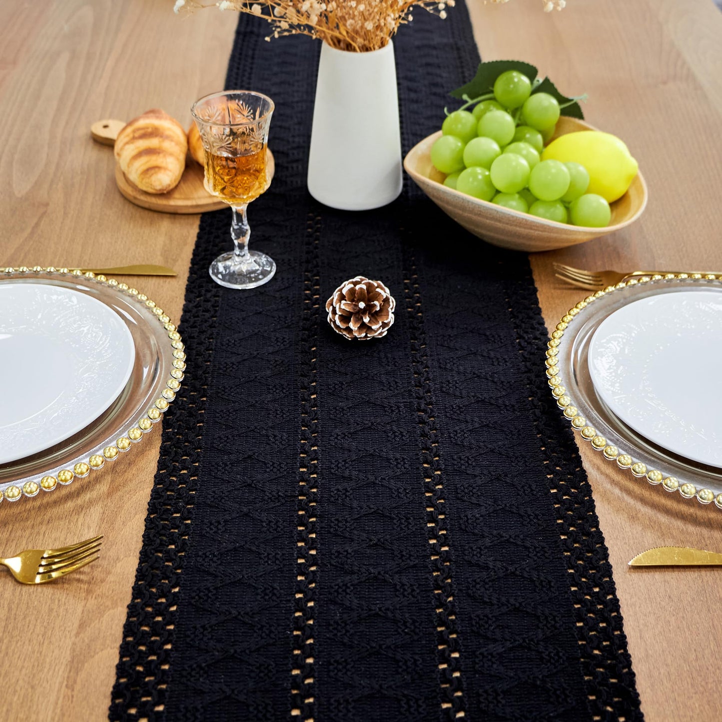 FEXIA Black Table Runner for Summer Home Decor with Tassels 90 Inches Long Farmhouse Rustic Black Halloween Table Runner Macrame Gothic Burlap Table Decoration for Living Room (12x90 Inches)