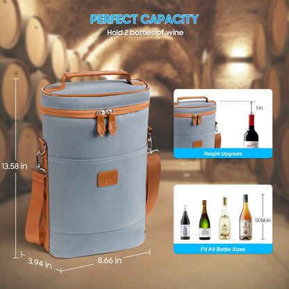 Waxed Canvas Wine Bag Tote for Wine Enthusiast , Insulated Wine Carrier Cooler Travel & Picnics Holds 2 Tall Bottles, Includes Ice Pack Chilling Reusable Tote Bag for Wine Gifts & Outdoor Gatherings