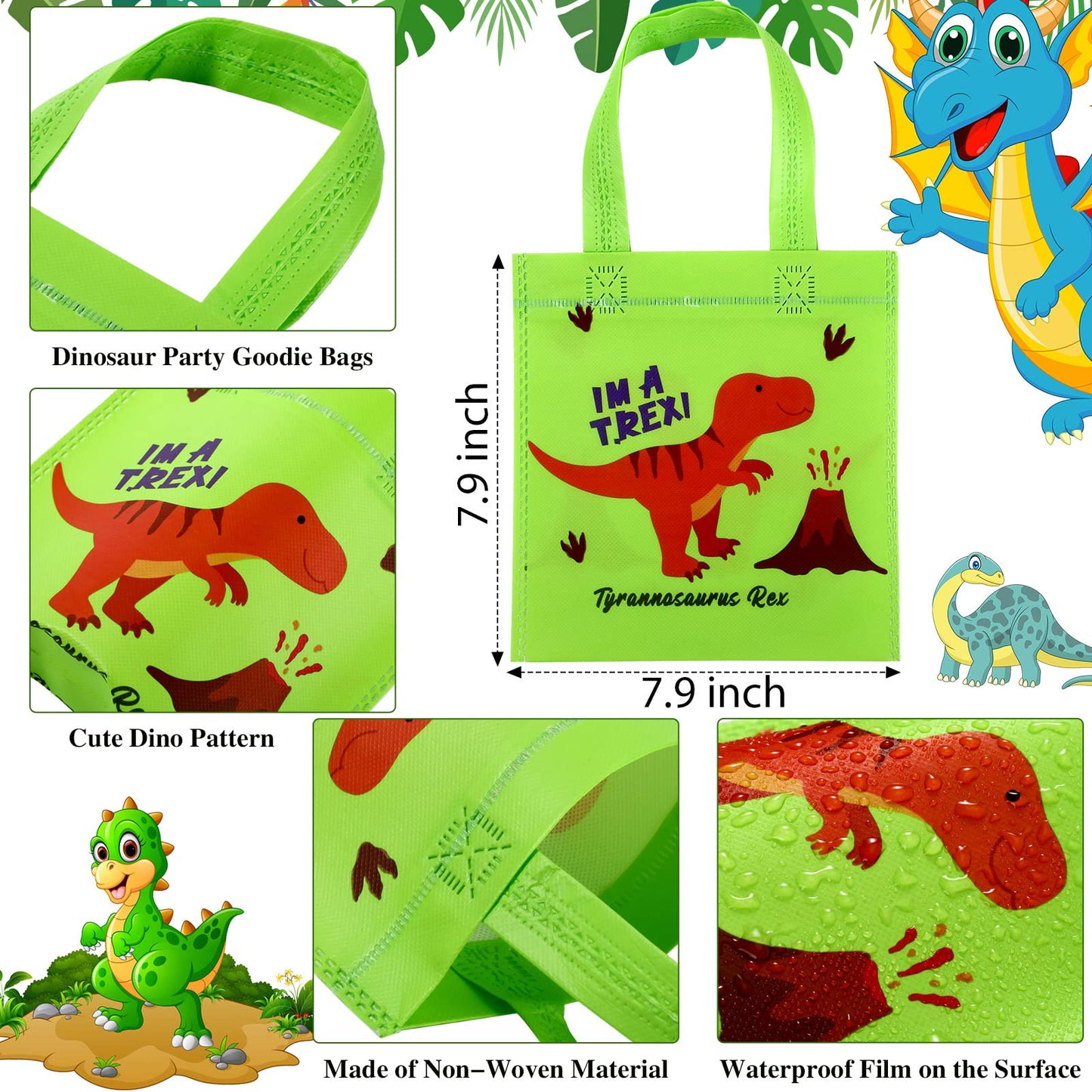 Tallew 24 Pieces Dinosaur Party Favor Bags Dinosaur Birthday Party Supplies Dino Goodie Treat Candy Gift Bags Non Woven with Handles Reusable for Birthday Decorations