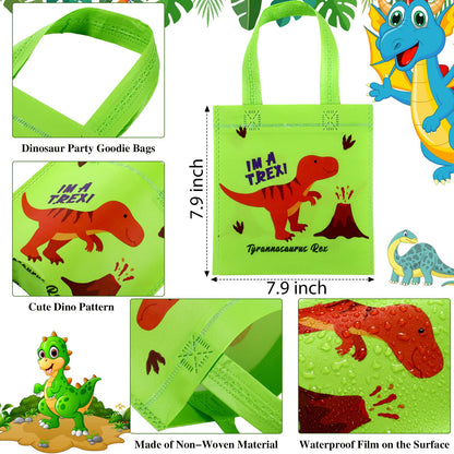 Tallew 24 Pieces Dinosaur Party Favor Bags Dinosaur Birthday Party Supplies Dino Goodie Treat Candy Gift Bags Non Woven with Handles Reusable for Birthday Decorations