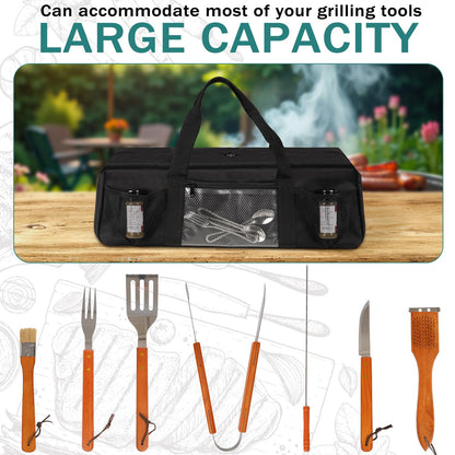 Frjjthchy Grill Tool Storage Bag, Large Grill Utensil Storage Caddy with Pockets, Portable Grill Accessory Storage Bag for Outdoor Camping & BBQ (Black)
