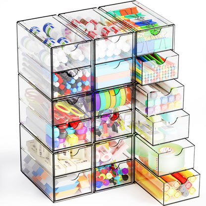 Yieach 9 Pack Small Acrylic Drawers With 18 Drawers,Clear Drawer Organizers Stackable,School,Office Supplies Organizer And Storage Bins for Stationery,Pen,Pencil,Craft,Glasses,Sunglass Organizer Case