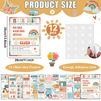 QOUBAI 12pcs Reading Comprehension Classroom Posters Groovy Hippie English Language Arts Bulletin Board Chart Reading Corner Poster for Elementary Middle High School Wall Decor Classroom Must Haves