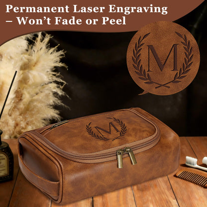 Aganmi Personalized Toiletry Bag Fathers Day Birthday Gifts for Men Dad Husband, Laser-Engraved Initial Waterproof PU Leather Toiletry Organizer Dopp Kit Shaving Bag Travel Essential Light Brown J