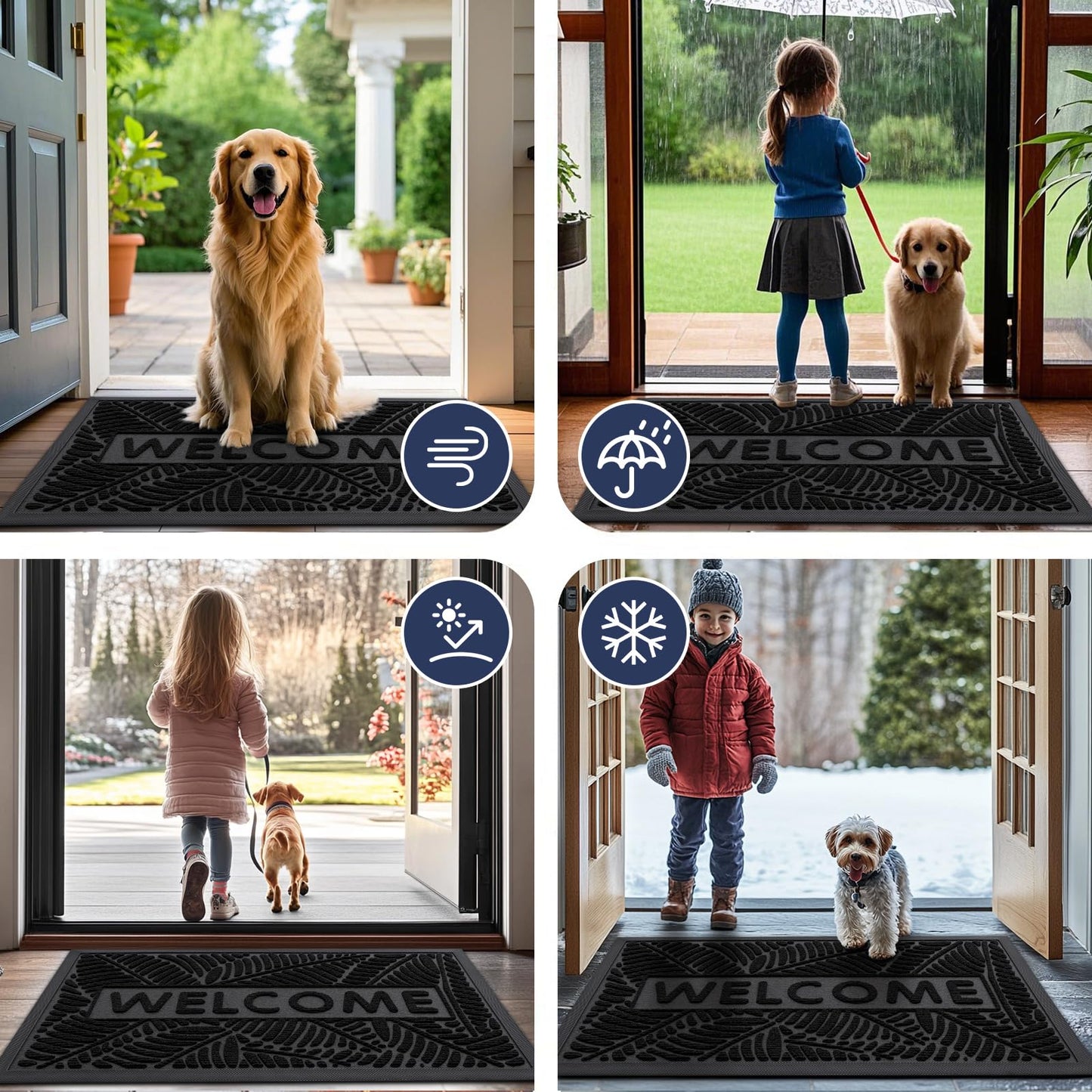 Smiry Welcome Mat Indoor Outdoor, All-Season Waterproof Front Door Mat, Sturdy Natural Rubber Doormat, Non-Slip, Easy Clean, Low Profile Dirt Trapper for Porch Patio Entrance, 29.5x17, Black