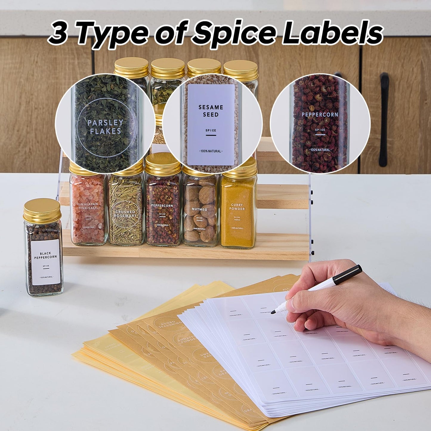 Fiwence 36 Pcs Glass Spice Jars with 576 Labels, 4oz Empty Square Spice Containers,Seasoning Bottles with Gold Metal Caps - Shaker Lids, Funnel and Pen Included