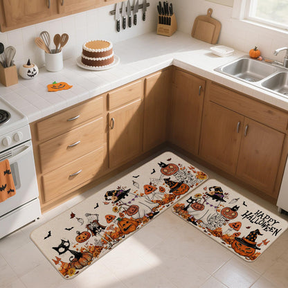 Moutina Happy Halloween Ghost Mushroom Pumpkin Skeleton Decorative Kitchen Rugs Set of 2, Halloween Holiday Party Home Decor Low-Profile Kitchen Mats for Floor - 17x29 and 17x47 Inch