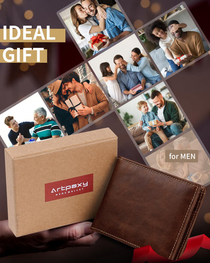 Artpaxy Mens Wallet Bifold Genuine Leather RFID Blocking Wallet for Men with 2 ID Windows 12 Card Holders 2 cash pockets 1 Gift Box