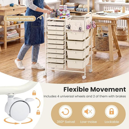Giantex 14 Drawer Storage Cart, Rolling Craft Cart with Metal Tabletop & Pegboard, Mobile Utility Organizer Trolley with Locking Wheels, Home Office, Ivory