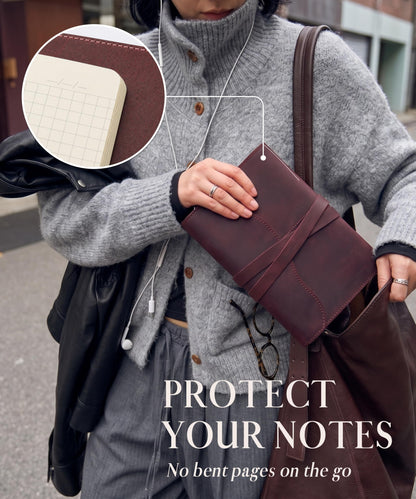 Leather Journal Cover – Refillable A5 Notebook Cover (5.8" x 8.3"), Minimalist Wrap Book Sleeve in Full Grain Leather with Strap Closure, Slim Protective Diary & Planner Cover, Inserts Not Included