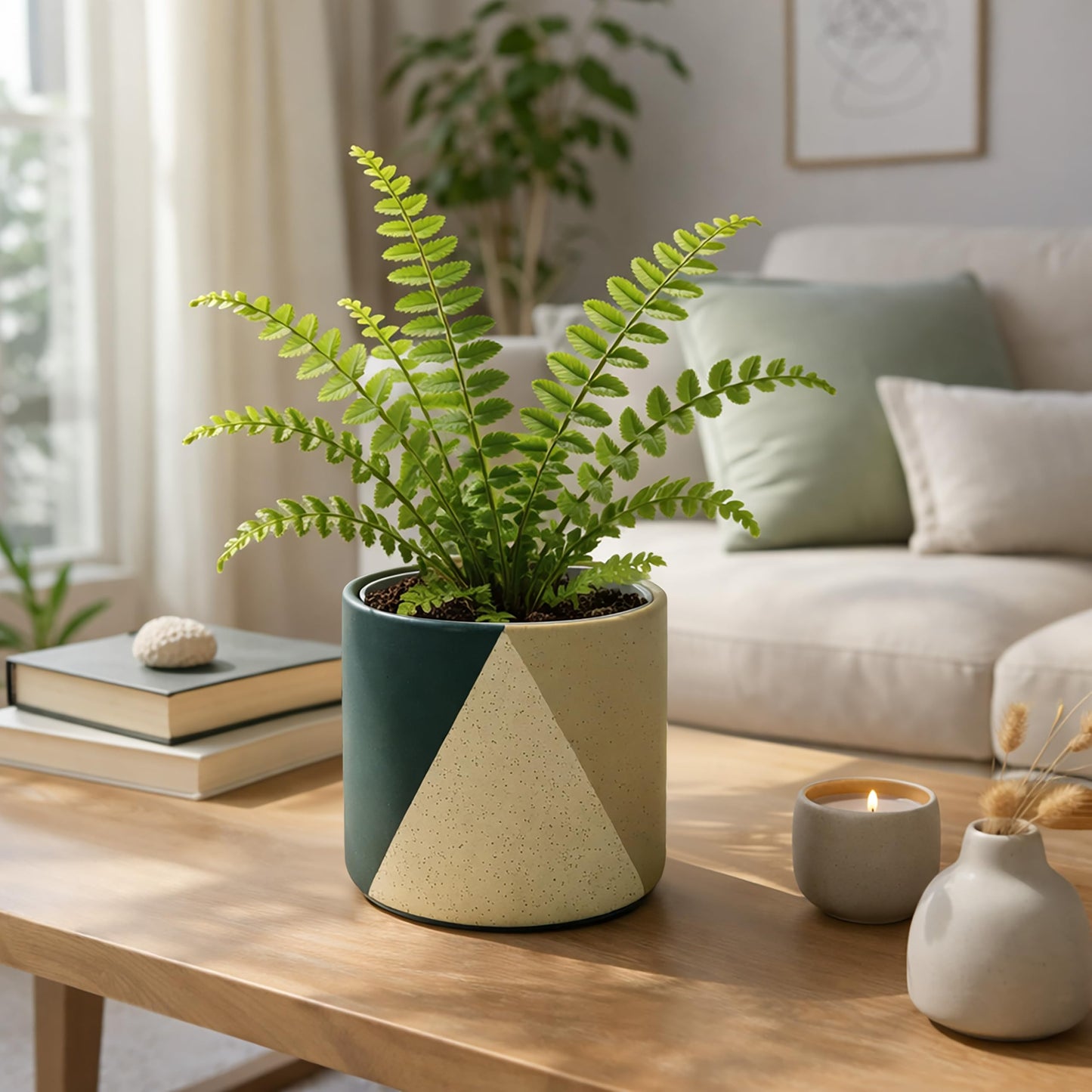 D'vine Dev 6.5" Stoneware Cachepot Planter with 6" Clear Nursery Pot & Detachable Saucer – Modern Indoor Plant Pot with Drainage for Bottom Watering & Root Visibility, Desert Forest, 93-O-C-1