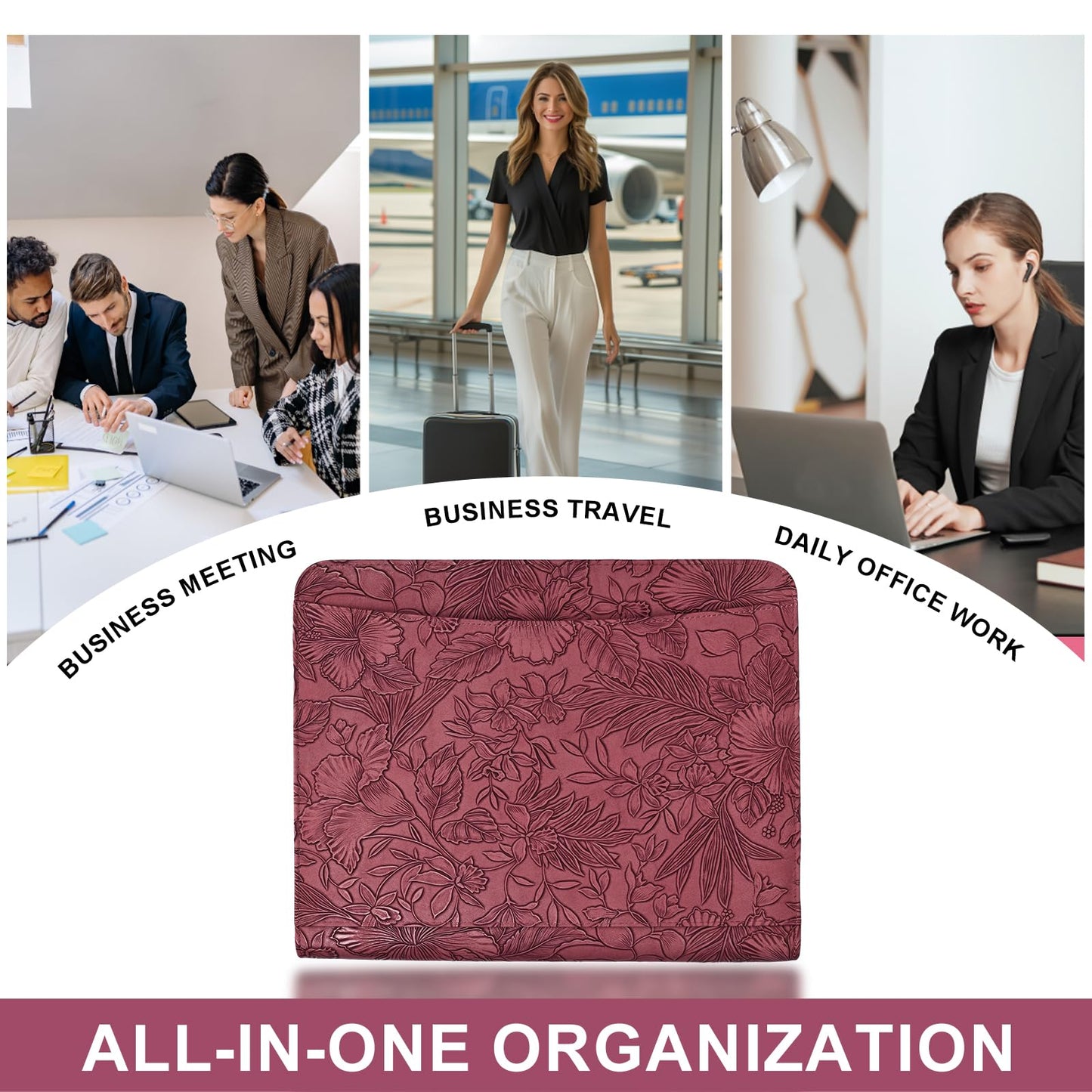 Leathario Portfolio Binder, Includes 5 Folder Index Dividers and 3 Notepads, 3-Ring Folder Organizer, Padfolio with Zipper, Vegan Leather Tablet Sleeve, Business Office Conference Clipboards