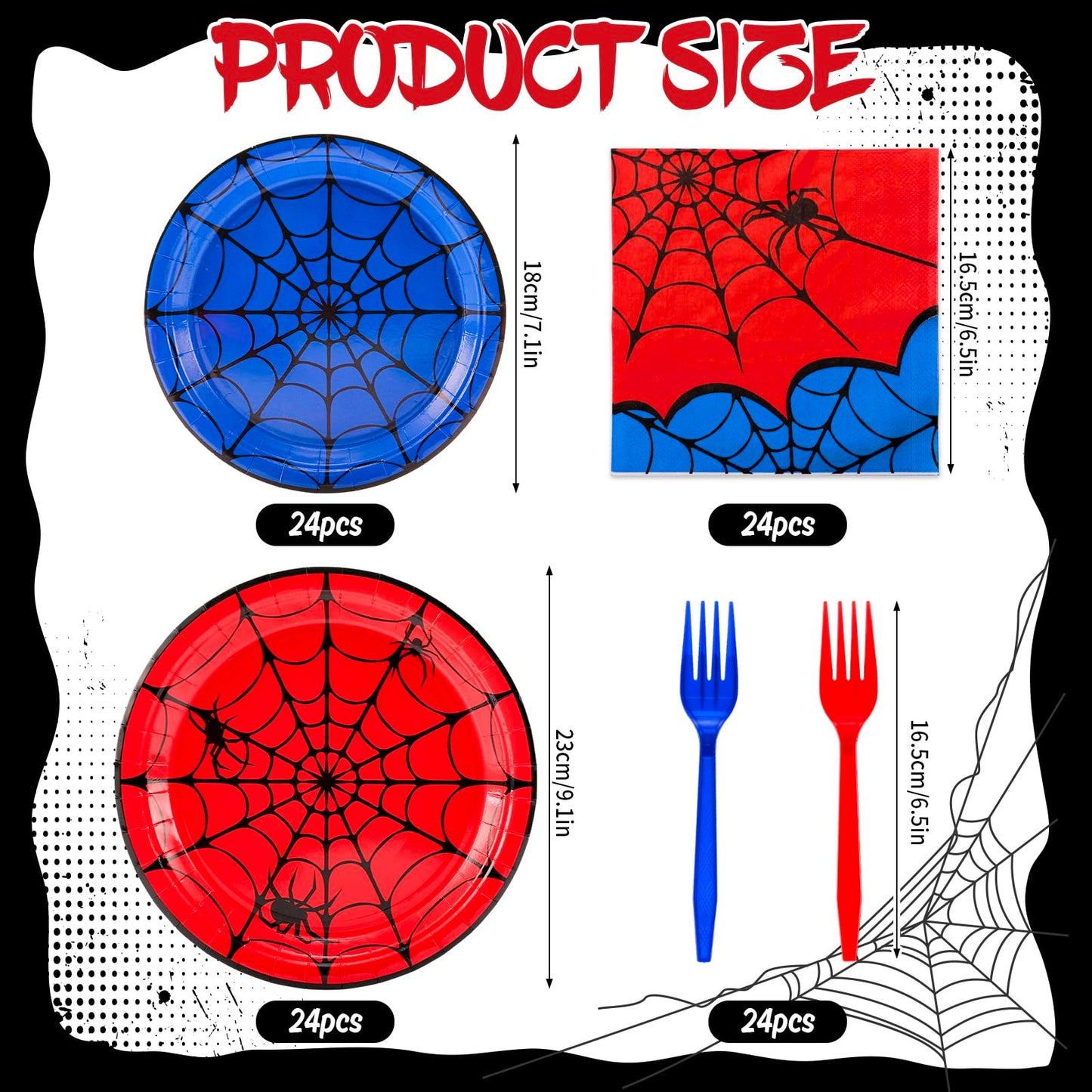 JarThenaAMCS 96 Pcs Spider Tableware Sets Serves 24 Guests Red Blue Spider Web Plates Napkins Forks Disposable Dinnerware for Halloween Birthday Party Favors