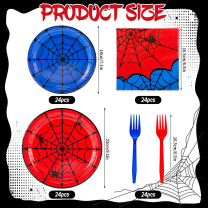 JarThenaAMCS 96 Pcs Spider Tableware Sets Serves 24 Guests Red Blue Spider Web Plates Napkins Forks Disposable Dinnerware for Halloween Birthday Party Favors