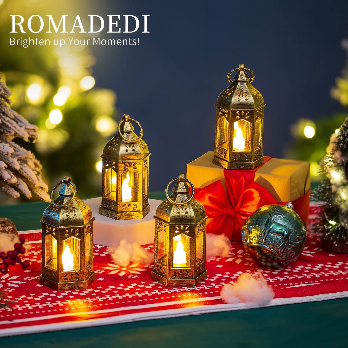 Romadedi Mini Lanterns Decorative for Centerpiece: 10pcs Hanging Small Gold Lantern Bulk with Flickering LED Candles for Wedding Decor Party Table Decorations Christmas Halloween, Batteries Included