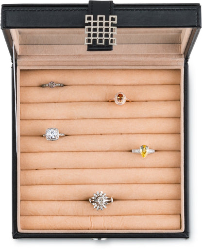 Glenor Co Ring Box Organizer - 54 Slot Classic Jewelry Display Case Holder - Storage Tray with Modern Buckle Closure, Large Mirror - for Rings and Cufflinks - Small for Travel - PU leather - Black