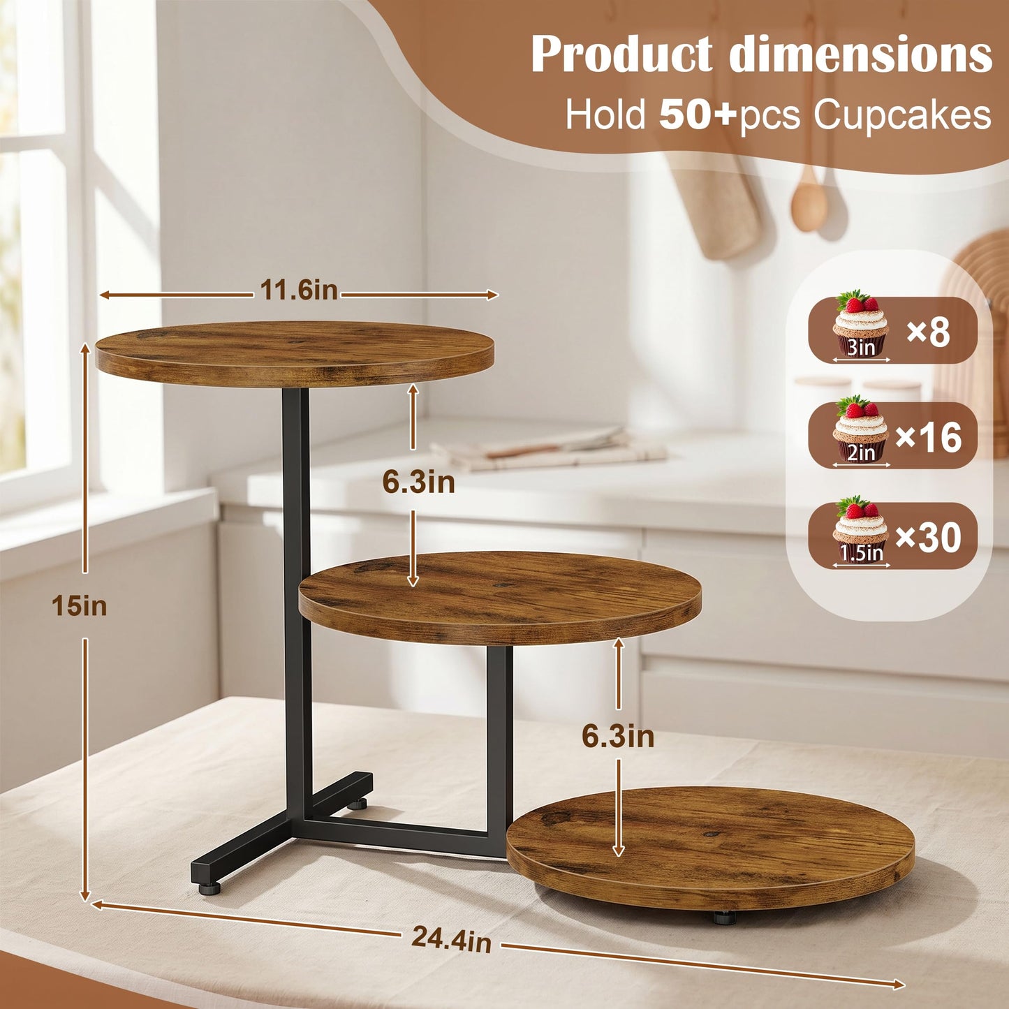 Emfogo Wooden Cupcake Stand for 50 Cupcakes, 3 Tier Dessert Tower Stands, Cup Cake Display for Party Afternoon Tea Wedding Graduation, Large Tiered Tray for Cake Cookie Food (1 Pack)