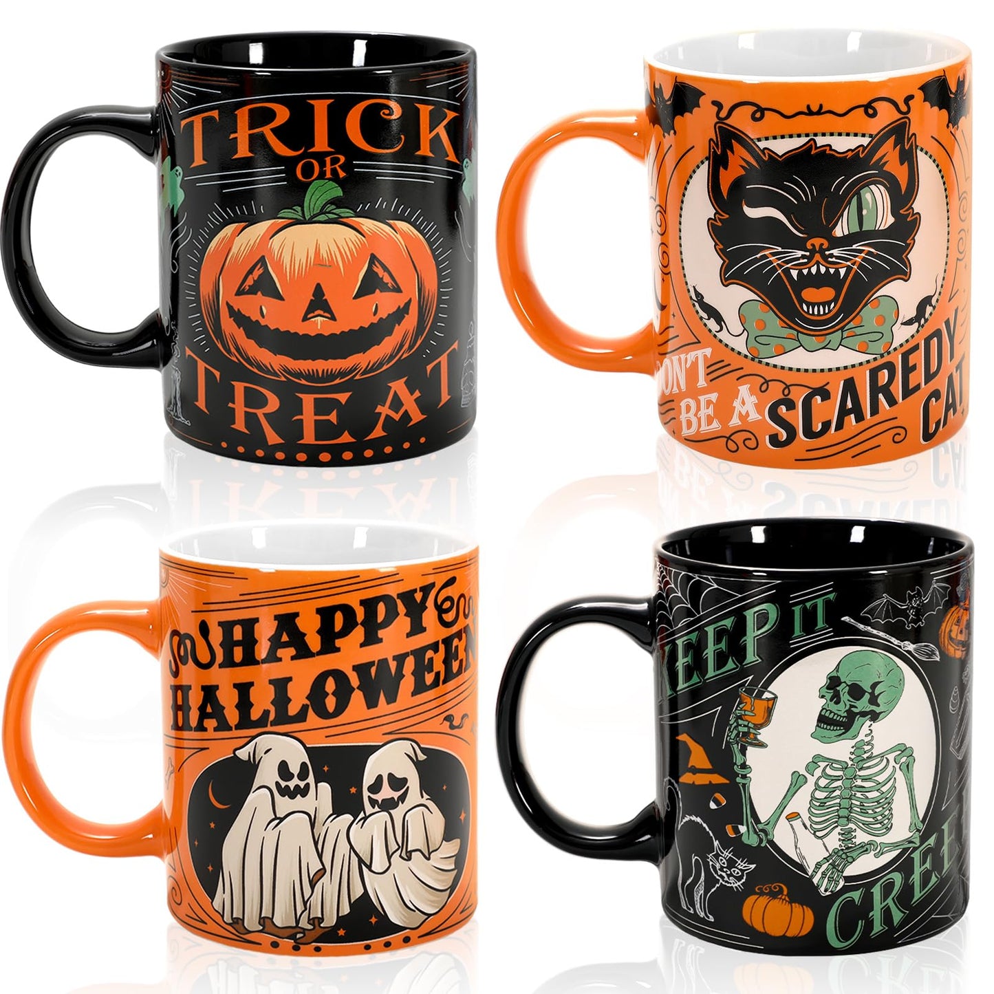 JarThenaAMCS 4Pcs Halloween Mugs Pumpkin Black Cat Ghost Skeleton Coffee Mug Orange Black Ceramic Drinking Cup for Halloween Party Table Centerpieces, 12oz
