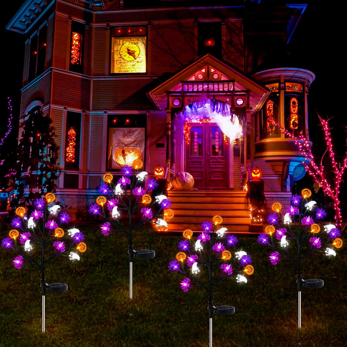 Halloween Decorations Outdoor Solar Lights, 2 Pack Halloween Lights Outdoor Solar Lights Waterproof with 20 LED Ghosts Bats Spiders Pumpkin Light, 8 Modes Solar Pathway Lights for Halloween's Decor