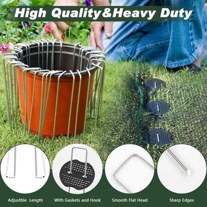 FEED GARDEN Landscape Staples 6 Inch 200 Pack Kit, Heavy Duty 11 Gauge Hot-Dip Galvanized Garden Stakes with 200 Gaskets & 1 Pick Hook for Weed Barrier, Landscape Fabric, Sod, Turf & Garden Edging