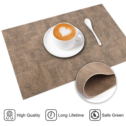 LANDVIEW Leather Heat Resistant Placemats Set of 6 Waterproof Wipeable Washable PU Table Mats,Easy to Clean Anti-Slip (6, Dark Brown)