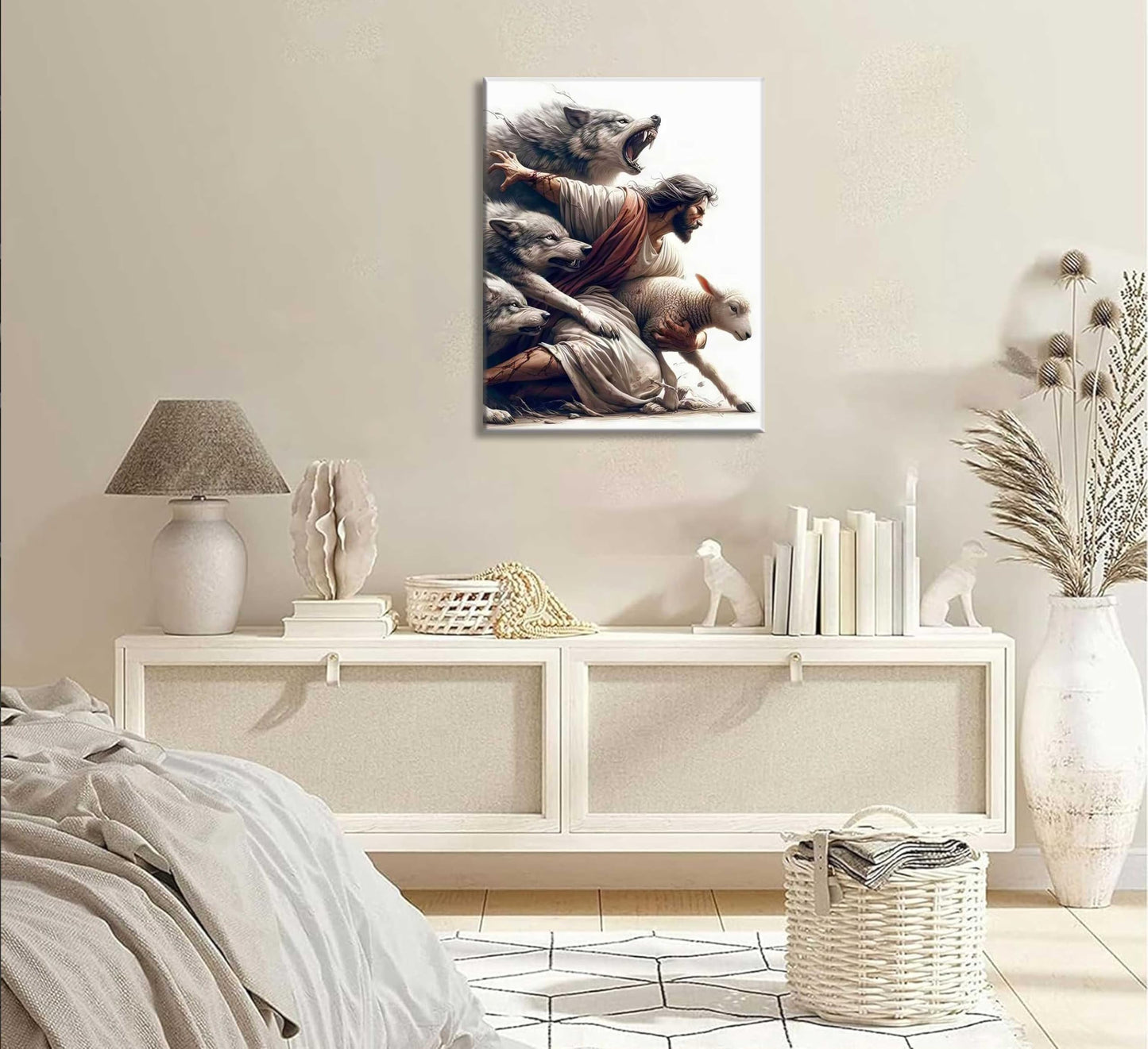Jesus and Lamb Canvas Wall Art Jesus Protecting Lamb from Wolves Poster Painting Christian Picture Wall Decor Bible Stories Print for Living Room Bedroom Church Decor Framed