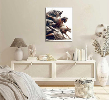 Jesus and Lamb Canvas Wall Art Jesus Protecting Lamb from Wolves Poster Painting Christian Picture Wall Decor Bible Stories Print for Living Room Bedroom Church Decor Framed