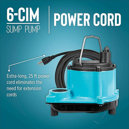 Little Giant 6-CIM-R 115-Volt, 1/3 HP, 2750 GPH Manual (No Switch) Submersible Sump Pump for Sump Systems and General Dewatering, 25-Ft. Cord, Blue, 506274