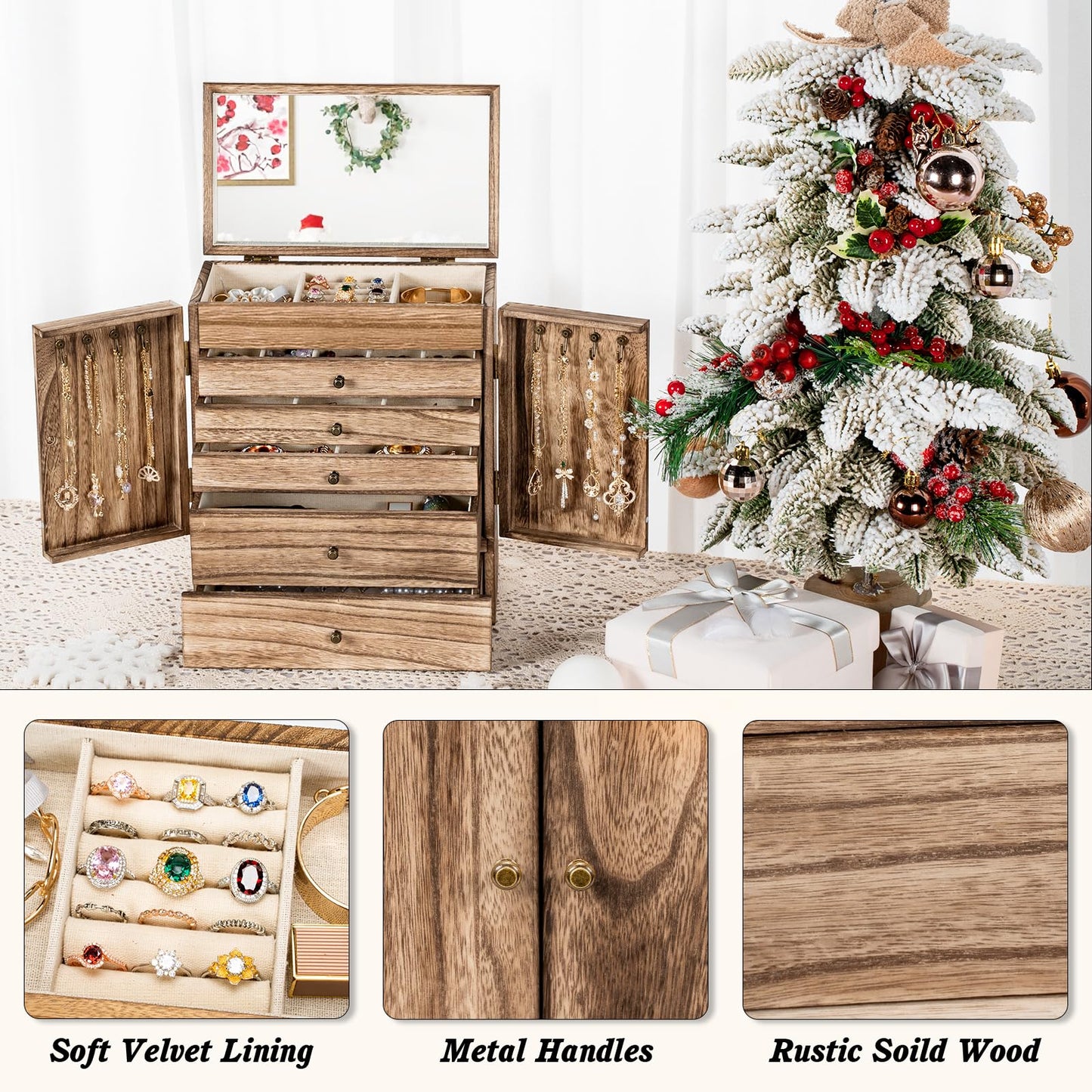 Emfogo Wooden Jewelry Box for Women, 6-Tier Large Jewelry Organizer Boxes with Mirror Rustic Solid Wood jewlery Storage Display for Rings Earrings Necklaces Bracelets watches(Carbonized Black)
