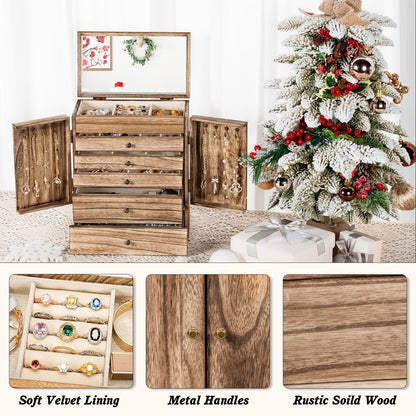 Emfogo Wooden Jewelry Box for Women, 6-Tier Large Jewelry Organizer Boxes with Mirror Rustic Solid Wood jewlery Storage Display for Rings Earrings Necklaces Bracelets watches(Carbonized Black)