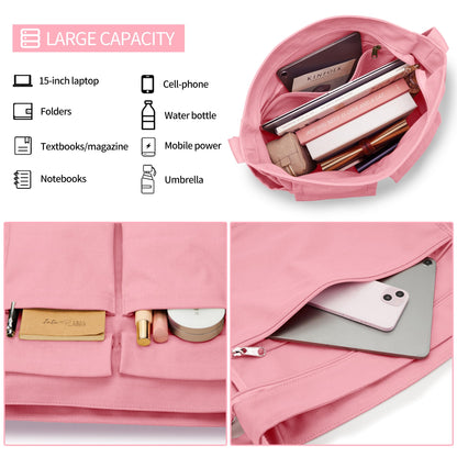 Canvas Messenger Bag for Women Men, Large Crossbody Bag for College Work Travel Daily, Pink