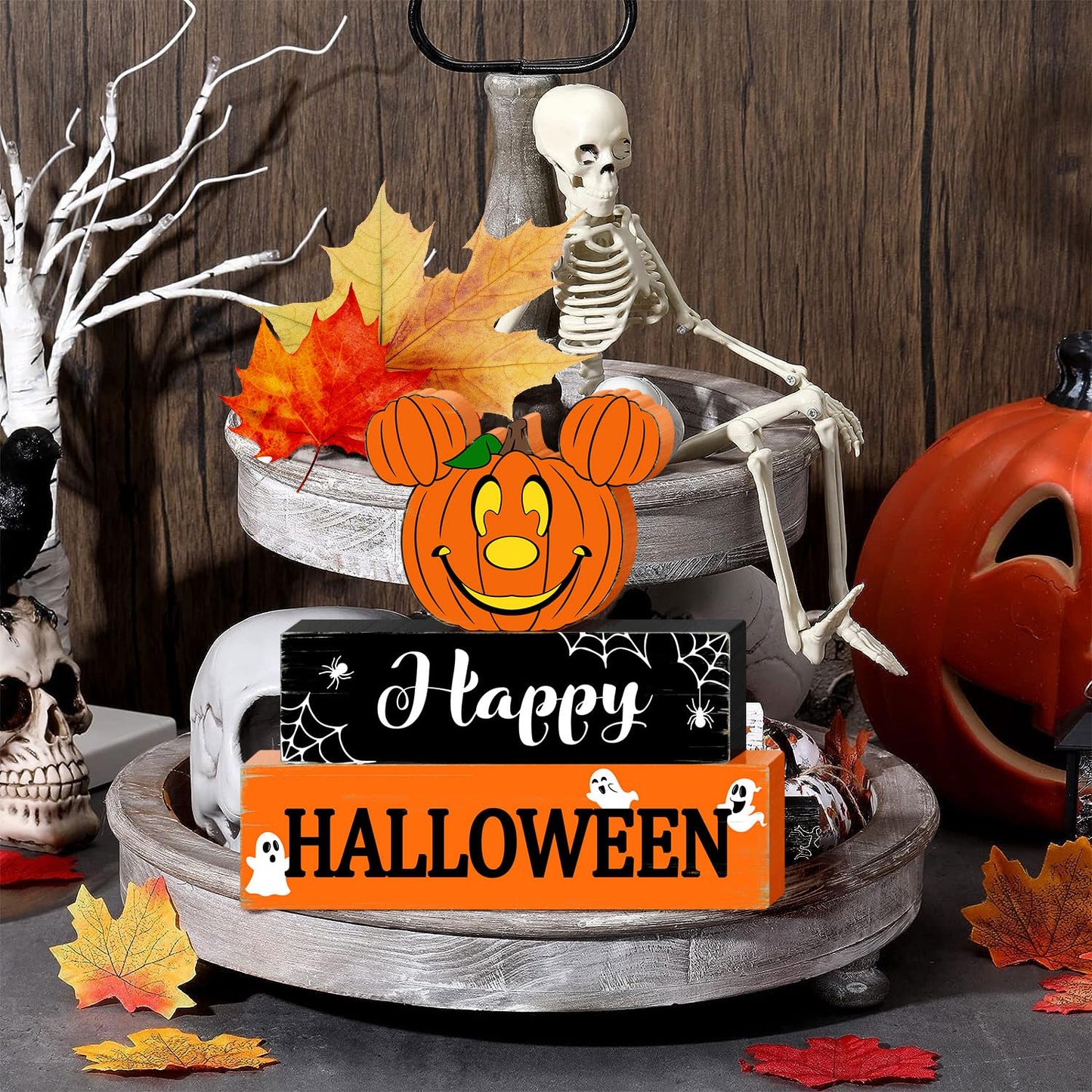 Halloween Mouse Wooden Table Signs Pumpkin Decor, 3PCS Happy Halloween Freestanding Rustic Tabletop Decorative Signs, Halloween 3-Layered Tiered Tray Blocks Centerpiece Indoor Home Decorations