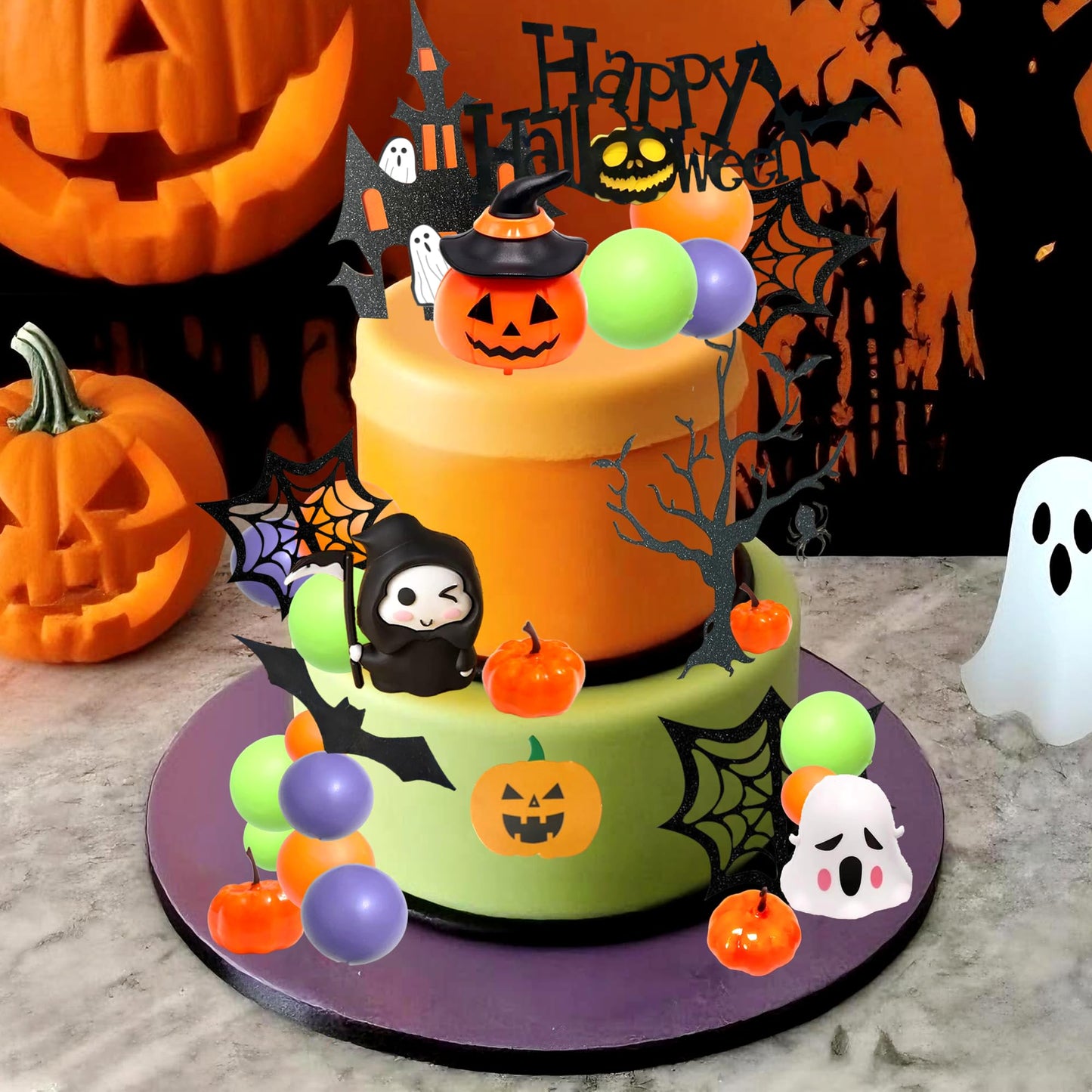 Tyotrbs Halloween Cake Toppers 3D Pumpkin Bat Ghost Cake Balls Cake Decorations Happy Halloween Cake Topper For HalloweenParty Supplies