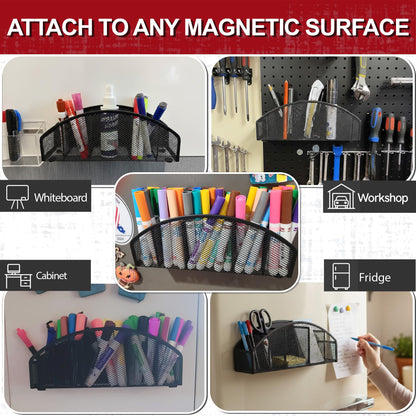 BEILITEMAG Magnetic Dry Erase Marker Holder for Whiteboard, 5 Slots Metal Pen Holder with Strong Magnets, 10inch Large Capacity Storage Basket Organizer for Office, School and Home (Black)