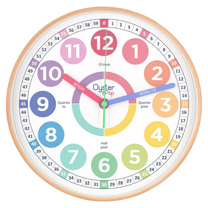Oyster&Pop Kids Clock - Silent 10" Pastel Analog Learning Wall Clock - Award-Winning Telling Time Teaching Clock for Kids - Bedrooms Homeschool & Classrooms - Includes eBook