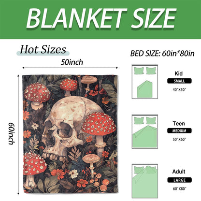 TZLXRVC Skull Mushroom Forest Throw Blanket, Warm Flannel Blankets Dark Botanical with Flower, Goth Halloween Decor and Gifts, Soft Cozy Throws, 50"X60" for Bedroom Couch Travel Office