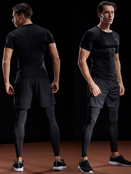 NELEUS Men's 3 Pack Compression Baselayer Athletic Workout T Shirts,5022,Black,Grey,Red,US L,EU XL