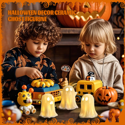 Ghost Halloween Decor - 3Pcs Ceramic Halloween Ghost Decorations Indoor, Light Up Glazed White Ghost Figurines Cute Ceramic Ghost Sculpture for Halloween Night Light Table Tray Decor