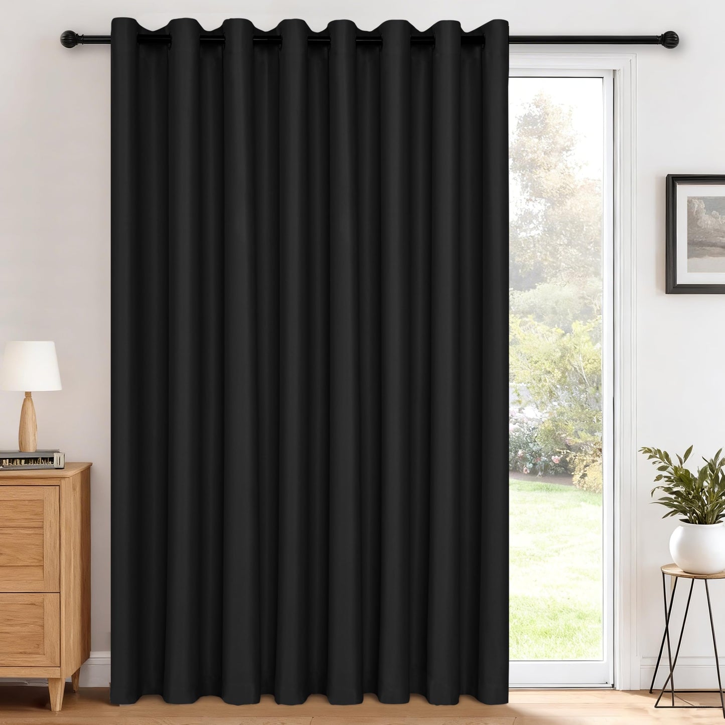 Hiasan Extra Wide Blackout Curtain Panel for Room Divider, 15ft Wide x 9ft Tall Grommet Patio Sliding Door Curtains for Thermal Insulated,Room Partition,Halloween,1 Ps Sewn with Tiebacks,Black