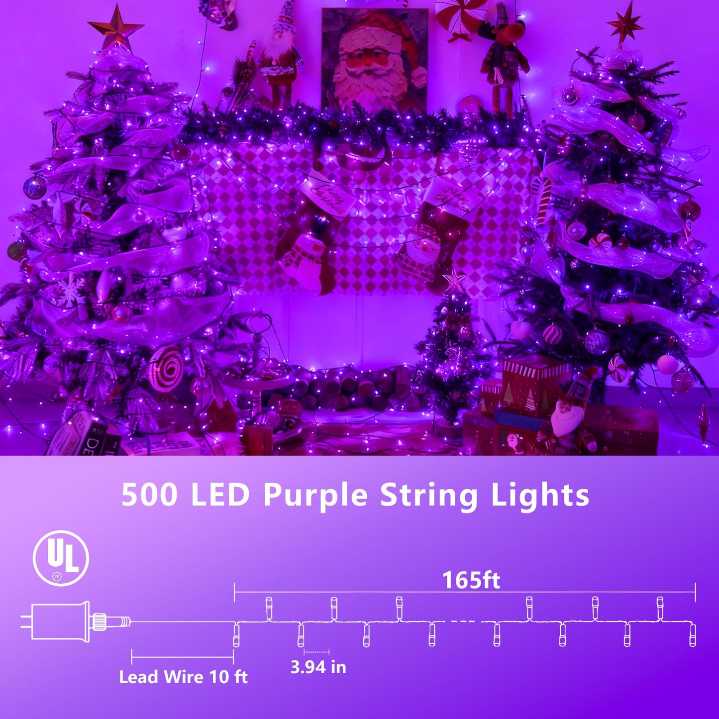 YEGUO 165ft 500 LED String Lights Outdoor Waterproof, Purple Christmas Lights Plug in, Twinkle Christmas Tree Lights Indoor with Timer Memory 8 Modes