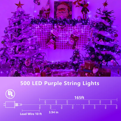 YEGUO 165ft 500 LED String Lights Outdoor Waterproof, Purple Christmas Lights Plug in, Twinkle Christmas Tree Lights Indoor with Timer Memory 8 Modes