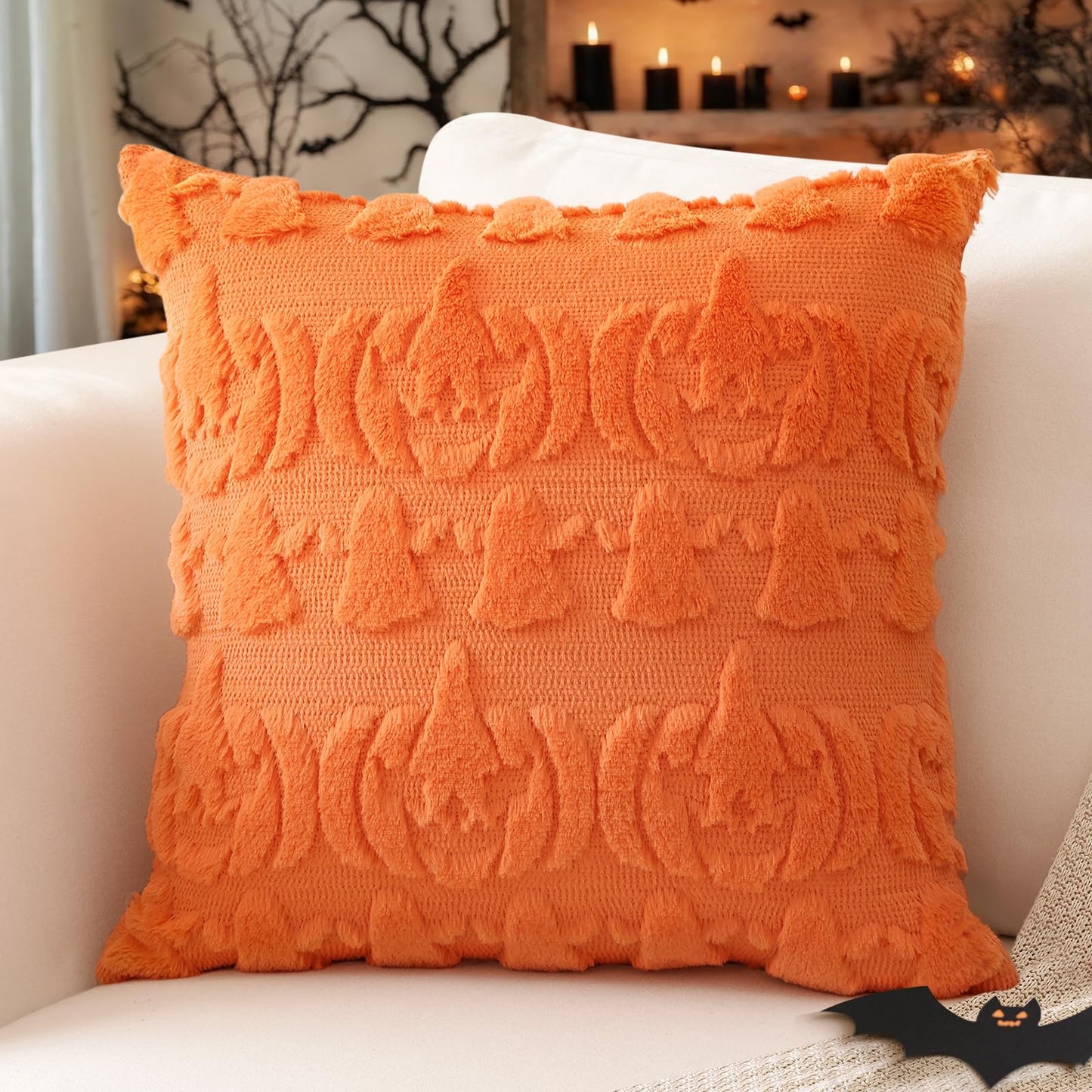 Artscope Halloween Pillow Covers 18 x 18 Set of 2 Decorative Ghost Holiday Pumpkin Throw Pillow Cases Soft Plush Faux Fur Couch Cushion Case for Farmhouse Halloween Sofa Bed Room Home Decor-Orange