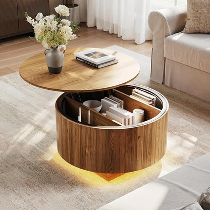 kepptory Round Lift Top Coffee Table with LED Lights, Mid Century Modern Wooden Coffee Tables with 3 Storage Space, Circle Center Table for Living Rooms,Dining Room,Bedroom Home Office,APP LED Lights