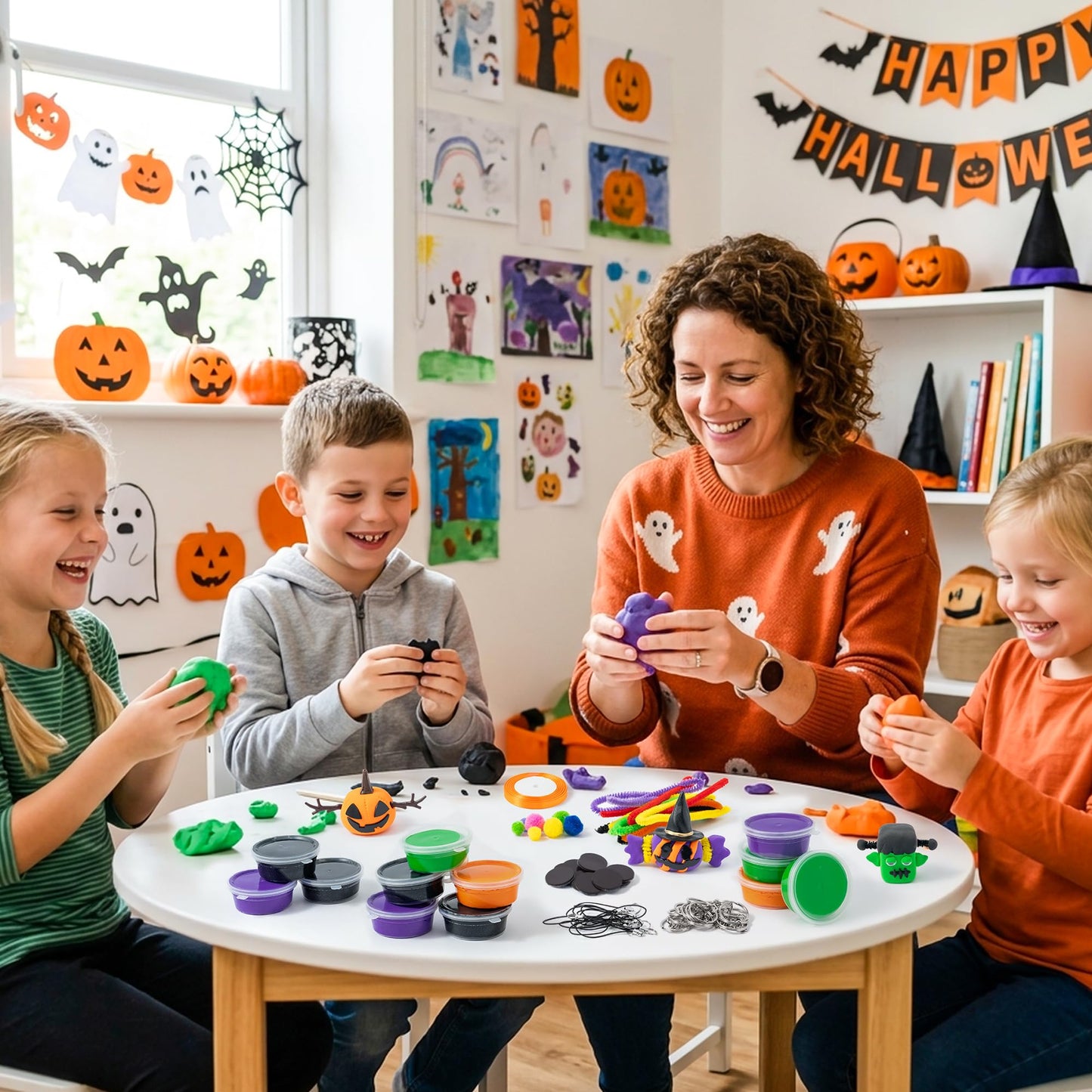 Haooryx Halloween Air Dry Clay Craft Kit - 16 Packs Cute Monster Pumpkin DIY Magnet Keychain Ornament Art Craft Bulk with Gift Bag for Classroom Exchange Gift Student Reward Halloween Party Favors