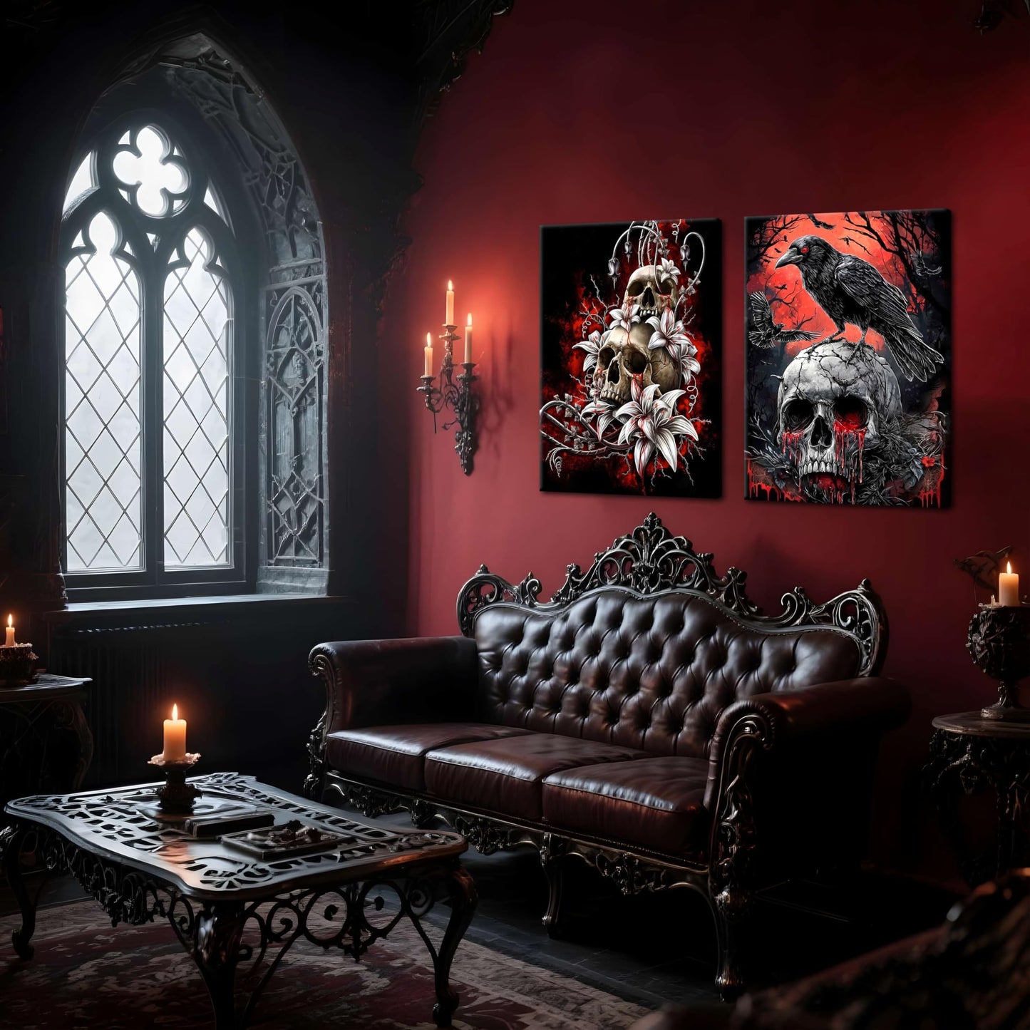 3 Piece Gothic Halloween Canvas Wall Art – Framed Dark Crow Floral Skull Prints, Spooky Romantic Aesthetic Gothic Pictures for Living Room, Bedroom, Bathroom Halloween Decor – 12x16in
