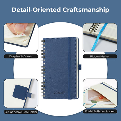 IN-LUXPRO Planner 2026-2027 Daily Weekly and Monthly,6.5"x3.75",18 Months Spiral Bound Calendar Agenda with Self-adhesive Pen Holder,2026 Academic Plan with Vegan Leather Soft Cover,Blue