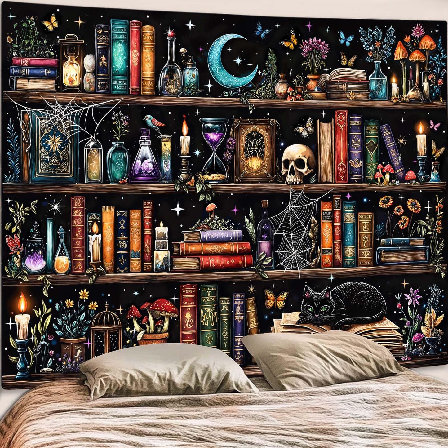 Motanber Witchy Bookshelf Tapestry Magic Gothic Witch Library Tapestries Wall Hanging Vintage Mushroom Skull Black Cat Dark Academia Book Large Tapestry for Bedroom Living Room Dorm 80 x 60 inch