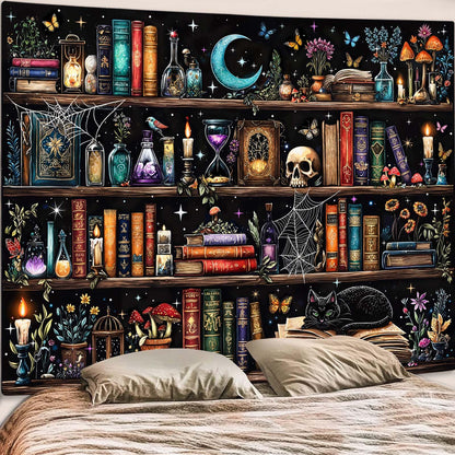 Motanber Witchy Bookshelf Tapestry Magic Gothic Witch Library Tapestries Wall Hanging Vintage Mushroom Skull Black Cat Dark Academia Book Large Tapestry for Bedroom Living Room Dorm 80 x 60 inch
